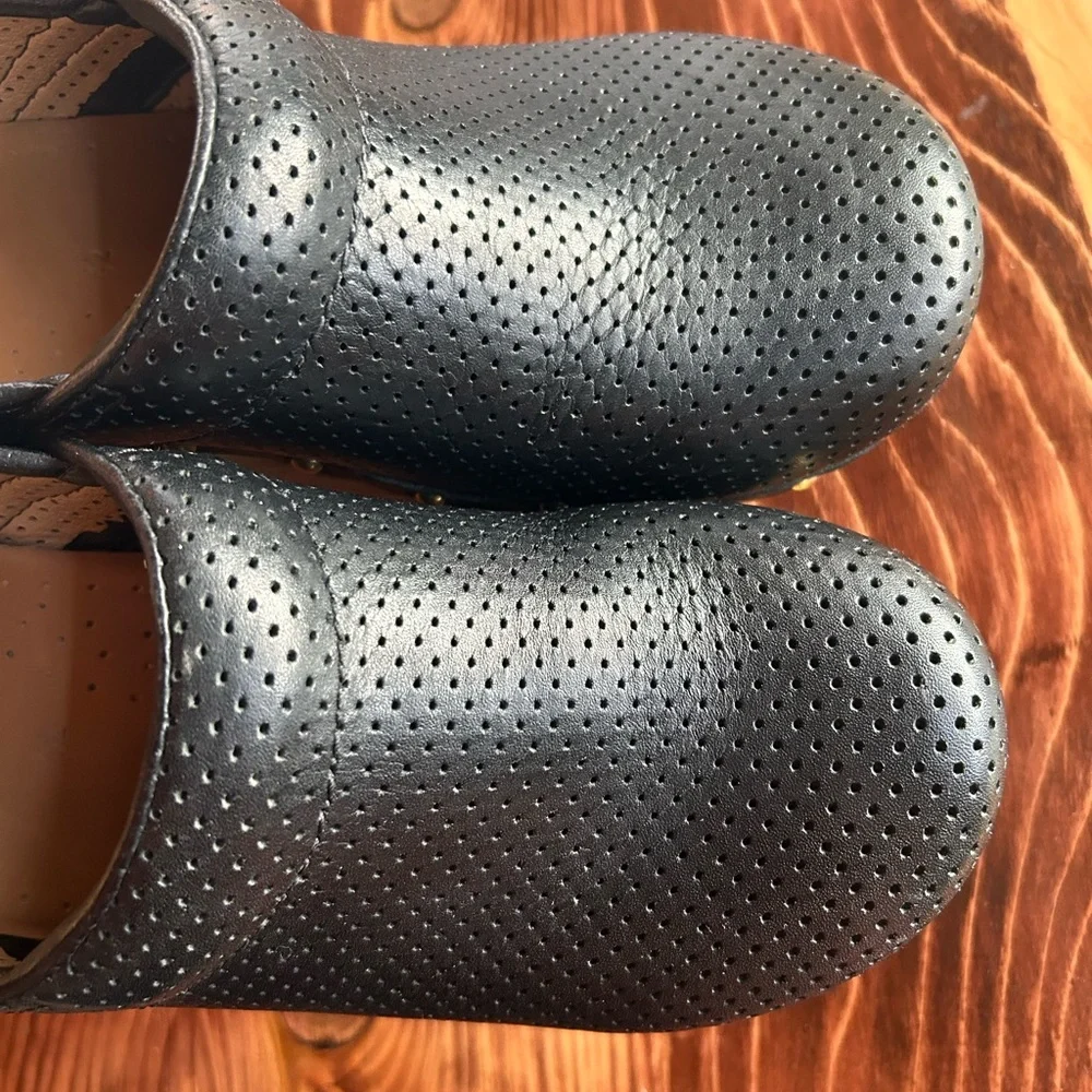 Dansko Black Perforated Clogs with Tan Sole - Picture 11 of 14